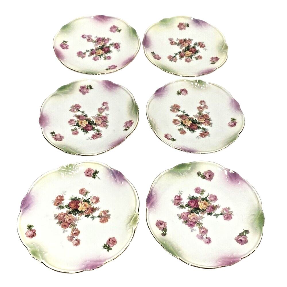 Art Nouveau Germany dessert bread plates set of 6 pink & yellow flowers romantic